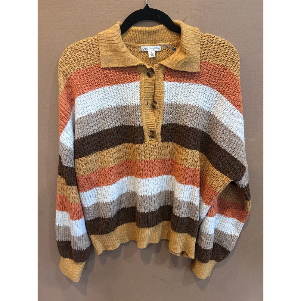 Cato Striped Polo Sweater Womens XL Yellow Orange Brown Excellent Knit Pullover